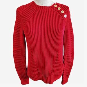 Lauren Ralph Lauren Red Shoulder Button Crew Neck Classic Sweater Size S